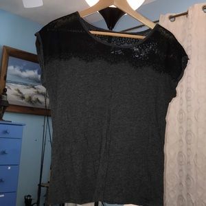 LOFT gray tee with black lace mesh detail